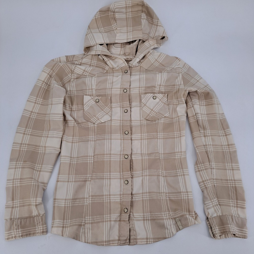 Mountain Hardwear Hooded Shirt Womens 8 Polyester Beige Plaid Snap Western